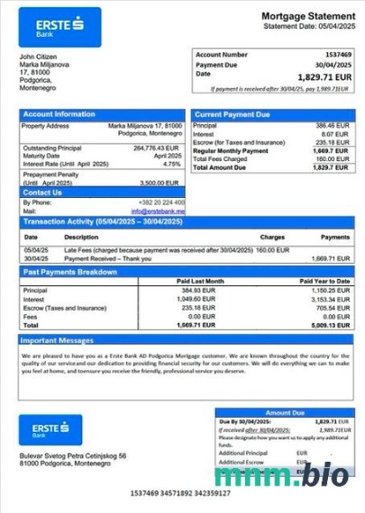 Czarnogóra Erste Bank AD Podgorica wyciąg z kredytu hipotecznego szablon Word i PDF